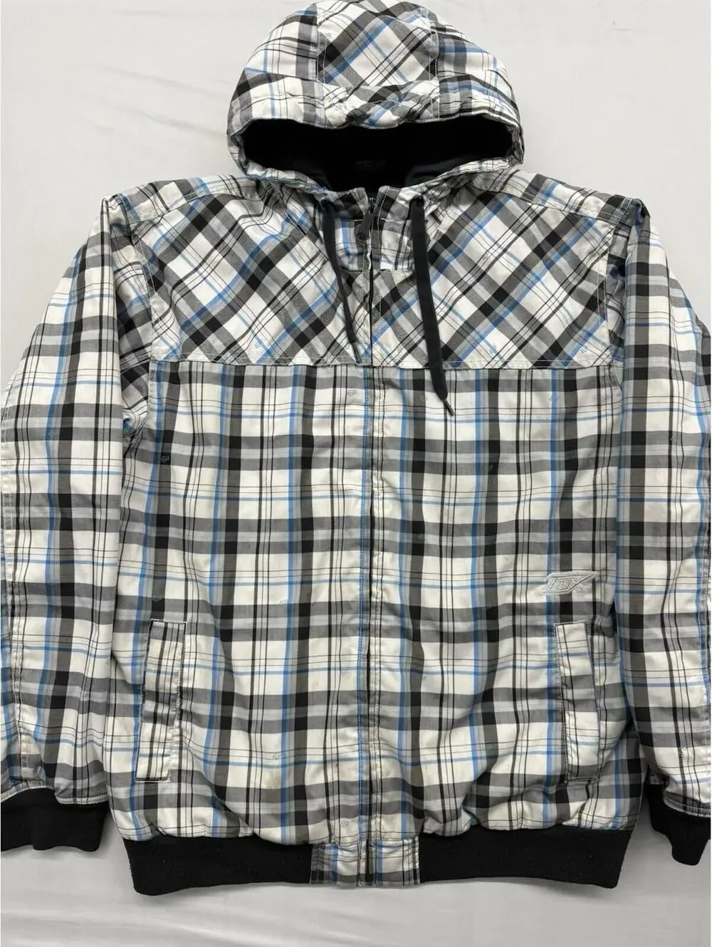 VTG Fox Racing Plaid Hooded Bomber Jacket Black Y2K Moto Skating Coat Men’s Xl